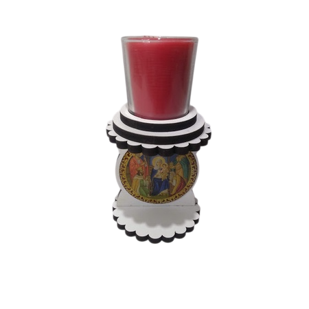 Vela em pote de vidro suporte MDF Sagrada Familia