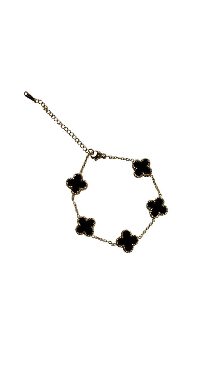 Pulseira Trevo Preto Aço Inox Dourado