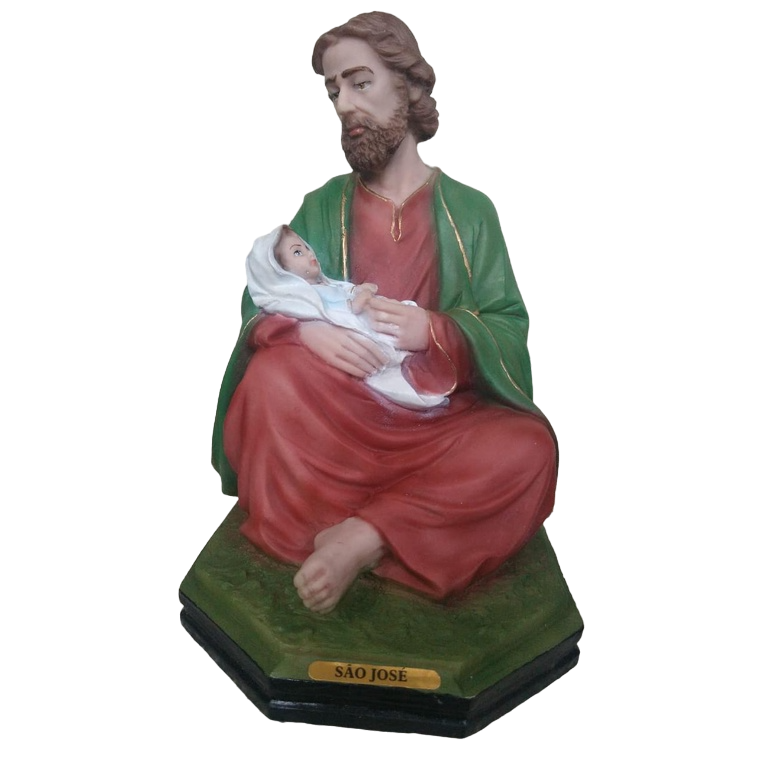 São José Sentado Com Menino Jesus no Colo 21cm