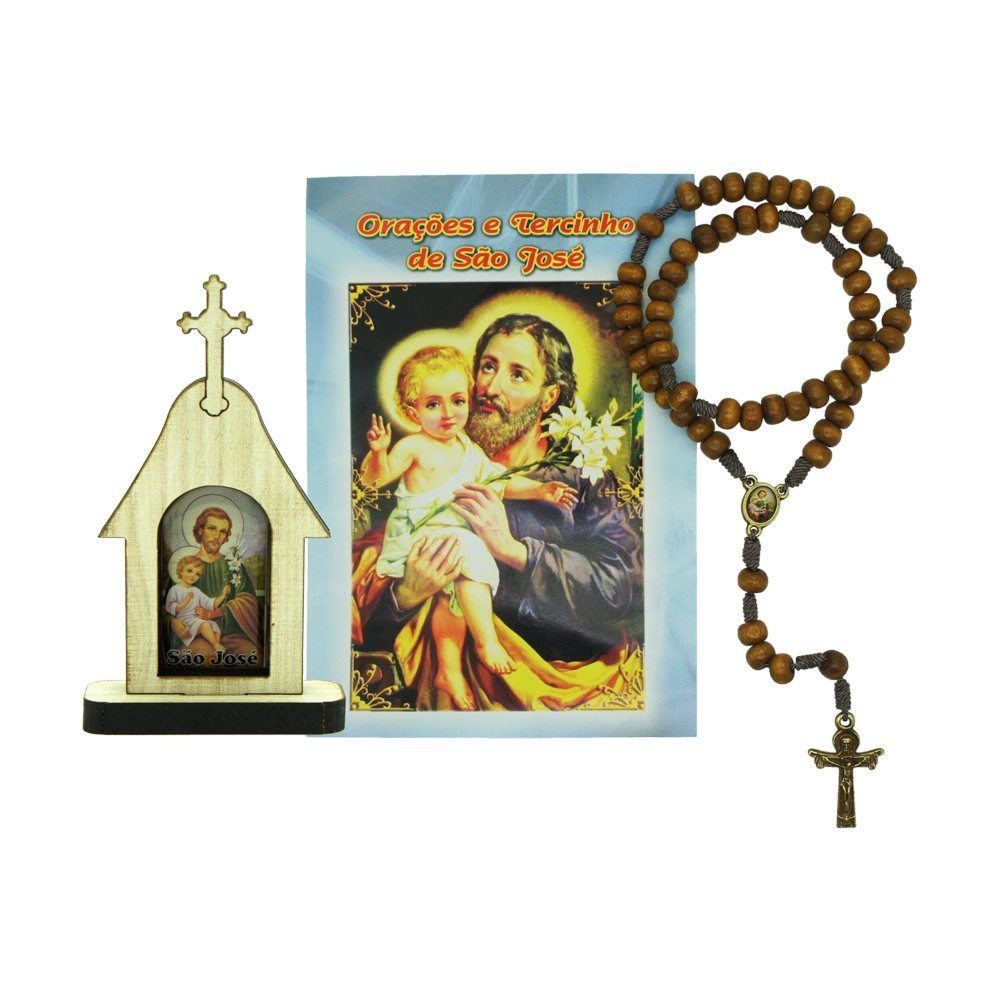 Terço São José com Oração e Capela MDF Madeira Clara